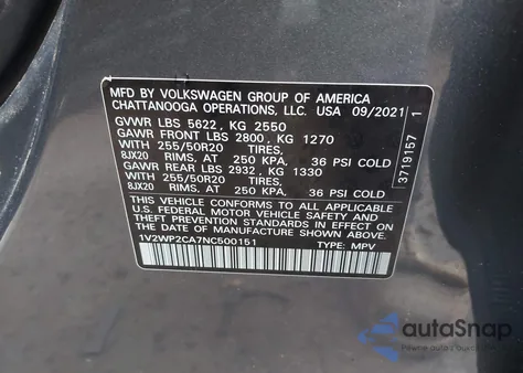 2022 Volkswagen Atlas 2.0T Se W/Technology from USA, damaged, VIN 1V2WP2CA7NC500151